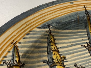 A large Italian maiolica dish with a view on San Gimignano, Deruta, 16/17th C.